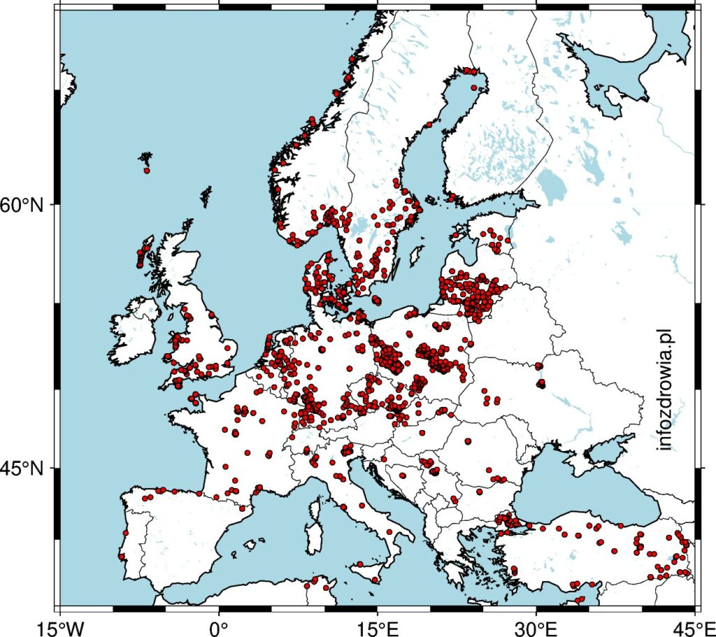 Mapa przedstawiająca miejsca zebrania kleszczy w Europie, oznaczone są prawie wszystkie państwa europejskie.